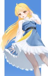  1girl absurdres ahoge bang_dream! bang_dream!_it's_mygo!!!!! belt blonde_hair bocchi_the_rock! brown_eyes commentary cosplay dress eltir feet_out_of_frame frilled_dress frills highres ijichi_nijika instrument_connection long_hair looking_at_viewer one_side_up open_mouth shiina_taki shiina_taki_(cosplay) solo standing untranslatable_commentary very_long_hair 