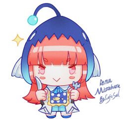  1girl :> anglerfish_costume artist_name blunt_bangs blush_stickers character_name chibi chibi_only chinese_commentary coat commentary_request dual_wielding film_grain fork full_body heaven_burns_red highres holding holding_fork holding_knife knife lab_coat long_hair looking_at_viewer mizuhara_aina open_clothes open_coat pink_eyes pink_hair sail_678 short_eyebrows simple_background smug solo sparkle standing thick_eyebrows v-shaped_eyebrows very_long_hair white_background 