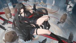  1girl black_hair black_serafuku black_skirt black_socks blunt_bangs building bybao_(fnar4753) capybara chinese_commentary chisa_(wuthering_waves) cityscape commentary_request highres hime_cut kneehighs long_hair looking_at_viewer namipon_(wuthering_waves) neon_lights pleated_skirt red_eyes school_uniform serafuku sidelocks skirt skyscraper socks solo wuthering_waves 