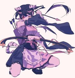  1boy animal_ears arrow_(projectile) black_hair bow cho_kaguya-hime! commentary_request crossdressing crossdressing_(mtf) horns japanese_clothes kikiki_1123 komazawa_noi long_hair male_focus multicolored_hair one_eye_closed pink_eyes simple_background solo tail tiger_ears trap 