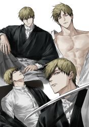  1boy abs black_hair blonde_hair closed_eyes closed_mouth ear_piercing earrings highres jewelry jujutsu_kaisen looking_to_the_side male_focus multicolored_hair multiple_views no_nipples open_clothes pectorals piercing short_hair simple_background sitting sso_s toned toned_male two-tone_hair white_background zen'in_naoya 