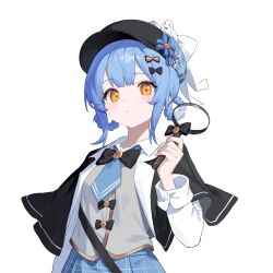  animal animal_on_head bird bird_on_head black_bow black_bowtie black_capelet black_hat blue_hair blue_hat blue_necktie blue_skirt blush bow bowtie capelet chinese_commentary closed_mouth collarbone collared_shirt commentary_request hair_bow hair_ribbon hand_up hat highres holding holding_magnifying_glass looking_at_viewer magnifying_glass mahou_shoujo_no_majo_saiban multicolored_hat necktie on_head orange_eyes plaid_clothes plaid_skirt ribbon shirt short_hair sidelocks simple_background skirt tachibana_sherry two-tone_hat upper_body white_background white_ribbon white_shirt youtanhuayuan255 