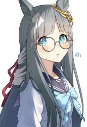  07nono06 1girl absurdres alternate_costume animal_ears bespectacled black_ribbon black_sailor_collar blue_bow blue_bowtie blue_eyes blush bow bowtie chrono_genesis_(umamusume) commentary_request ear_ornament glasses grey_hair hair_ribbon highres horse_ears horse_girl long_hair looking_at_viewer open_mouth ribbon round_eyewear sailor_collar sailor_shirt school_uniform serafuku shirt simple_background solo umamusume upper_body white_background white_shirt 