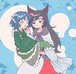  2girls animal_ears blue_hair blush brown_hair closed_mouth dress fingernails fins green_kimono head_fins imaizumi_kagerou itomugi-kun japanese_clothes kimono long_fingernails long_hair long_sleeves mermaid monster_girl multiple_girls nail_polish open_mouth red_dress red_eyes red_nails sharp_fingernails short_hair smile touhou wakasagihime white_dress wide_sleeves wolf_ears 