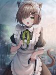  1girl amai_melo animal_ear_fluff animal_ears apron black_dress blunt_bangs brown_hair cat_ears cat_girl cat_tail diagonal_bangs dress green_eyes hair_over_one_eye highres holding holding_umbrella maid maid_apron maid_headdress original puffy_short_sleeves puffy_sleeves rain short_hair short_sleeves tail umbrella white_apron 