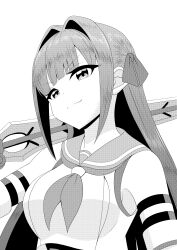  >:) 1girl absurdres arm_strap assault_lily bare_shoulders blunt_bangs breasts closed_mouth commentary_request crop_top detached_sleeves greyscale hair_intakes hair_ribbon hand_up highres holding holding_sword holding_weapon kozue_west looking_at_viewer medium_breasts monochrome neckerchief odaiba_girls_high_school_uniform over_shoulder ribbon sailor_collar school_uniform shirt simple_background sleeveless sleeveless_shirt solo sword sword_over_shoulder upper_body v-shaped_eyebrows weapon weapon_over_shoulder white_background yadoo 
