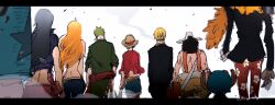  2girls 6+boys antlers back black_hair black_jacket black_suit blonde_hair blue_hat brook_(one_piece) commentary_request feather_boa franky_(one_piece) green_hair green_kimono hat horns imamuu_(imamoon) jacket japanese_clothes kimono long_hair monkey_d._luffy multiple_boys multiple_girls nami_(one_piece) nico_robin one_piece orange_hair overalls pink_sarong ponytail red_sash reindeer_antlers roronoa_zoro sanji_(one_piece) sarong sash short_sleeves smoke straw_hat straw_hat_pirates suit tony_tony_chopper twitter_username usopp white_hat 