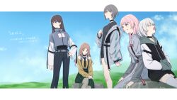  5girls absurdres bang_dream! bang_dream!_it's_mygo!!!!! belt black_belt black_choker black_hair black_hoodie black_necktie black_pants black_shirt black_shorts blue_eyes border breasts brown_eyes brown_hair chihaya_anon choker clenched_teeth closed_mouth commentary_request dress green_skirt grey_dress grey_eyes grey_hair grey_jacket grey_shirt hand_on_own_hip hands_in_pockets highres hood hood_down hoodie jacket kanade_(kanade_3344) kaname_raana layered_sleeves letterboxed long_hair long_sleeves medium_breasts milestone_celebration mitsuketa_keshiki_tazusaete mole mole_under_eye multiple_girls mygo!!!!!_(bang_dream!) nagasaki_soyo necktie official_artist_extra open_mouth outside_border pants pink_hair pleated_skirt shiina_taki shirt short_hair short_over_long_sleeves short_sleeves shorts skirt smile standing sweater takamatsu_tomori teeth translation_request violet_eyes white_border white_hair yawning yellow_sweater zipper_pull_tab 