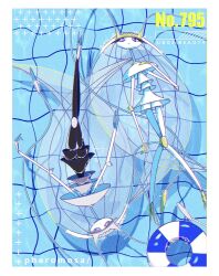  2girls alternate_color antennae arthropod_girl blue_pupils border bug character_name closed_mouth cockroach cockroach_girl colored_sclera colored_skin eyelashes floating fukkatsu_no_maya full_body highres joints long_hair looking_at_viewer lying multiple_girls on_back pheromosa pokedex_number pokemon pokemon_(creature) pool_float purple_sclera shiny_and_normal shiny_pokemon simple_background translucent_hair violet_eyes water white_border white_hair white_skin 