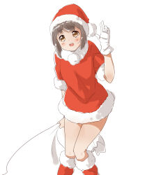  1girl blush boots brown_eyes brown_hair commentary_request dress feet_out_of_frame fur-trimmed_boots fur-trimmed_dress fur-trimmed_headwear fur_trim gloves hat highres holding holding_sack medium_hair open_mouth original pa._(tatuya28001) red_boots red_dress red_hat sack santa_costume santa_hat sidelocks simple_background solo teeth thighs upper_teeth_only waving white_background white_gloves 