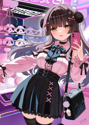  1girl bag bag_charm bare_shoulders black_bag black_skirt blue_bow bow breasts brown_hair cellphone charm_(object) commentary_request cowboy_shot crane_game hair_ornament highres holding holding_phone jirai_kei kkkula_(kula) long_sleeves looking_at_viewer original phone pleated_skirt shoulder_bag skirt smartphone solo stuffed_animal stuffed_panda stuffed_toy x_hair_ornament yellow_eyes 