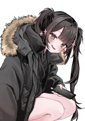  1girl :d absurdres bare_legs black_jacket black_shirt blunt_bangs blush brown_hair cellphone cracked_phone dot_nose feet_out_of_frame from_side fur-trimmed_jacket fur_trim grey_eyes hair_intakes hanataro_(sruvhqkehy1zied) heart heart-shaped_pupils highres holding holding_phone hood hood_down jacket long_hair looking_at_viewer looking_to_the_side open_clothes open_mouth original phone reaching reaching_towards_viewer selfie shirt sidelocks simple_background smartphone smile solo squatting symbol-shaped_pupils thighs tongue turning_head twintails very_long_hair white_background zipper 