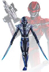  2boys adi_(adivider) armor armored_bodysuit black_bodysuit bodysuit character_mask chou_uchuu_keiji_gavan_infinity combat_helmet commission dual_wielding full_armor gavan_bushido gavan_infinity gavarion_blade gavarion_trigger gun helmet highres holding holding_gun holding_sword holding_weapon male_focus mask multiple_boys red_armor red_bodysuit red_helmet science_fiction silver_armor sword tokusatsu two-tone_armor upper_body weapon 