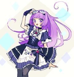  1girl :d aikatsu! aikatsu!_(series) black_corset black_gloves black_pantyhose blue_dress blunt_bangs center_frills commentary_request corset dress feet_out_of_frame fingerless_gloves frills gloves goggles goggles_on_head hand_on_own_head hand_up highres hikami_sumire long_hair looking_at_viewer mrokr open_mouth pantyhose purple_hair smile solo violet_eyes 
