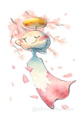  cherry_blossoms chimecho closed_eyes commentary english_commentary full_body no_humans oliver_hamlin painting_(medium) petals pink_petals pokemon pokemon_(creature) pokemon_focus simple_background solo traditional_media watercolor_(medium) white_background 