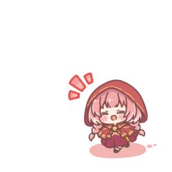  1girl :d ^_^ black_shoes blush_stickers braid capelet chibi closed_eyes colored_shadow commentary_request highres hololive hood hood_up hooded_capelet low_twintails mitarashi_neko notice_lines pink_hair purple_skirt red_capelet shadow shoes simple_background skirt smile solo takane_lui twin_braids twintails virtual_youtuber white_background 