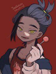  1boy absurdres black_hair candy commentary dated fang food highres holding holding_candy holding_food holding_lollipop jacket kieran_(pokemon) lollipop long_sleeves looking_at_viewer male_focus mixed-language_commentary mole mole_on_neck multicolored_hair off_shoulder open_clothes open_jacket open_mouth pokemon pokemon_sv purple_hair red_background red_tank_top sachi_achi signature simple_background solo tank_top upper_body yellow_eyes 