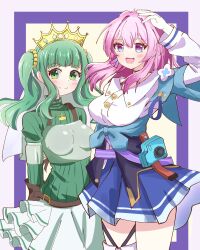  2girls :d armor arms_behind_back belt black_choker black_corset blue_eyes blue_jacket blue_skirt blunt_bangs blush border breastplate breasts brown_belt brown_gloves buttons camera choker closed_mouth collared_shirt commentary_request corset cowboy_shot crown earrings flower_ornament frilled_skirt frills futaba_sana gespenst_(geshu-san) gloves green_eyes green_hair green_sweater hair_ornament highres honkai:_star_rail honkai_(series) jacket jewelry layered_skirt long_sleeves looking_at_viewer magia_record:_mahou_shoujo_madoka_magica_gaiden mahou_shoujo_madoka_magica march_7th_(honkai:_star_rail) medium_breasts medium_hair miniskirt multicolored_eyes multiple_girls open_mouth outside_border pink_eyes pink_hair pleated_skirt purple_background ribbed_sweater shirt sidelocks single_earring single_thighhigh skirt smile sweater thigh-highs thigh_strap tiara tied_jacket turtleneck turtleneck_sweater twintails two-tone_eyes underbust veil wavy_hair white_gloves white_shirt white_skirt 