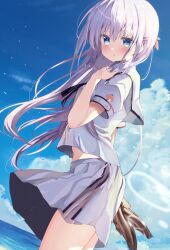  1girl :o absurdres blue_eyes blue_sky blush choppy_bangs clouds commentary_request cowboy_shot day from_side grey_serafuku grey_shirt grey_skirt hand_up highres horizon long_hair looking_at_viewer looking_to_the_side ocean original outdoors parted_lips purple_hair school_uniform serafuku shirt skirt sky solo standing straight_hair takepoison turning_head 