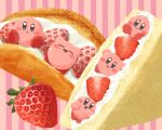  blue_eyes blush_stickers closed_eyes closed_mouth food food_focus fruit fruit_sandwich kirby kirby_(series) looking_at_viewer miclot open_mouth pastry pink_footwear powdered_sugar shoes smile strawberry whipped_cream 