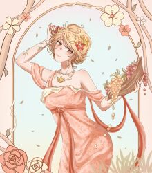  1girl arch bare_shoulders basket blonde_hair border branch bright_pupils brown_eyes closed_mouth collarbone commentary cowboy_shot dress eyelashes falling_leaves floral_print flower flower_necklace food fruit grapes grass hair_flower hair_ornament hand_in_own_hair happy head_tilt highres holding holding_basket leaf light_blush lipstick makeup nikki_(series) nonoberry22 off-shoulder_dress off_shoulder outside_border picture_frame pink_border pink_dress pink_lips print_dress red_flower red_rose red_sash rose sash shining_nikki short_hair short_sleeves smile solo spring's_garland_(shining_nikki) untranslatable_commentary yellow_flower yellow_rose 