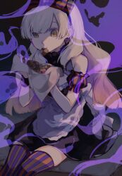  1girl alternate_costume apron back_bow bare_arms bare_shoulders black_background black_dress blunt_bangs blunt_ends blunt_sidelocks bow chocolate cleavage_cutout clothing_cutout commentary_request cookie detached_sleeves dress eating enmaided film_grain food frilled_apron frilled_dress frilled_sleeves frills from_above ghost hair_bow halloween hands_up heart heart-shaped_cookie heart-shaped_food highres holding holding_chocolate holding_food holding_paper long_hair maid maid_apron mayu_(vocaloid) mouth_hold multicolored_thighhighs nyafu_1924 orange_bow orange_sleeves orange_thighhighs paper puffy_short_sleeves puffy_sleeves purple_bow purple_sleeves purple_thighhighs short_dress short_sleeves sidelocks simple_background sititng sleeveless sleeveless_dress sleeveless_turtleneck solo striped_bow striped_clothes striped_thighhighs swept_bangs tareme thigh-highs turtleneck turtleneck_dress two-tone_bow two-tone_sleeves two-tone_thighhighs vertical-striped_clothes vertical-striped_thighhighs very_long_hair vocaloid waist_apron white_apron white_bow white_hair wristband yellow_background zettai_ryouiki 