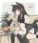  ... 2girls animal_ear_fluff animal_ears arknights black_hair black_socks black_tail black_vest book book_stack border buttons closed_eyes closed_mouth commentary couch curled_up dot_mouth dot_nose extra_ears food from_side fruit grey_background grey_hair hair_ornament hairclip hand_in_another&#039;s_hair hand_up highres holding holding_book indoors lap_pillow lappland_(arknights) leaf long_hair long_sleeves looking_at_object lying messy_hair multiple_girls on_couch on_side open_book orange_(fruit) orange_eyes outside_border pale_skin plant pleated_skirt potted_plant reading red_ribbon resting ribbon seri_(vyrlw) shirt simple_background sitting skirt sleeping socks speech_bubble spoken_ellipsis spoken_zzz symbol-only_commentary tail texas_(arknights) vest white_border white_shirt white_skirt wolf_ears wolf_girl wolf_tail yuri zzz 