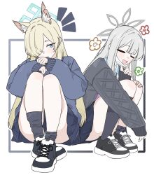  2girls 686panda absurdres alternate_costume animal_ears bandaid bandaid_on_knee bandaid_on_leg black_socks blonde_hair blue_archive blue_eyes collared_shirt commentary dog_ears dog_girl halo highres kanna_(blue_archive) konoka_(blue_archive) long_hair mask multiple_girls notched_ear panties panty_peek shirt shoes simple_background skirt sneakers socks sweater underwear untranslatable_commentary white_hair 
