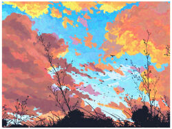  bare_tree bird blue_sky border chinese_commentary clouds cloudy_sky colorful commentary_request evening fangpeii flock highres no_humans original outdoors scenery silhouette sky sky_focus tree white_border 