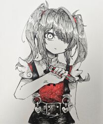  1girl ame-chan_(needy_girl_overdose) commentary_request frown hair_ornament hair_over_one_eye head_tilt highres holding_razor_blade korean_commentary looking_at_viewer needy_girl_overdose partially_colored razor_blade red_shirt shirt short_twintails skirt solo suspender_skirt suspenders ting_mong twintails wide-eyed winged_sleeves x_hair_ornament 
