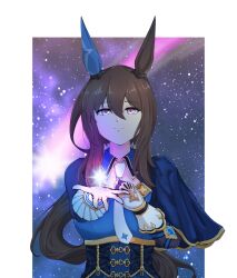  1girl admire_vega_(starry_nocturne)_(umamusume) admire_vega_(umamusume) animal_ears blue_capelet blue_dress brown_hair capelet closed_mouth commentary dress ear_covers hair_between_eyes highres horse_ears horse_girl long_hair looking_at_viewer metal_jumper513 necktie single_ear_cover sky solo standing star_(sky) starry_sky umamusume upper_body very_long_hair violet_eyes white_necktie 