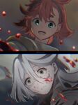 2girls blood blood_on_clothes blood_on_face blood_on_hands color_banding english_commentary green_eyes grey_eyes gundam gundam_suisei_no_majo highres long_hair miorine_rembran multiple_girls reaching_towards_another redhead short_hair smile spoilers suletta_mercury surprised white_hair wide-eyed xin_(blueramen) 