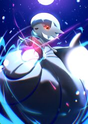  1girl absurdres alternate_color black_dress black_gloves blue_background blue_hair blue_sky bob_cut chromatic_aberration colored_skin commentary_request dress elbow_gloves flat_chest full_moon gardevoir gloves hair_over_one_eye happy highres long_dress looking_at_viewer mega_gardevoir mega_pokemon moon moonblast_(pokemon) night no_lineart one_eye_covered open_mouth orange_eyes outdoors partial_commentary pokemon pokemon_(creature) pokemon_move shiny_pokemon short_hair sky smile solo standing strapless strapless_dress tabakurei white_skin 