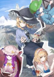  4girls alice_margatroid blonde_hair blue_capelet blue_dress blue_hair blue_shirt blue_shoes blue_skirt blue_sky book bow braid broom broom_riding capelet closed_mouth commentary_request crescent crescent_hat_ornament day doll dress frilled_hairband frills green_hat hair_bobbles hair_bow hair_ornament hairband hat hat_bow hat_ornament highres holding holding_book kawashiro_nitori key kirisame_marisa long_hair long_sleeves medium_hair mob_cap multiple_girls official_alternate_costume open_book outdoors patchouli_knowledge purple_hair reading red_hairband shanghai_doll shirt shoes side_braid single_braid skirt sky smile socks striped_clothes striped_dress subterranean_animism touhou two_side_up vertical-striped_clothes vertical-striped_dress violet_eyes wanko_sora white_bow white_capelet white_dress white_hat white_socks witch_hat yellow_eyes 