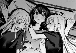  3girls ahoge blush cho_kaguya-hime! closed_eyes commentary_request drooling fushi_(cho_kaguya-hime!) greyscale kaguya_(cho_kaguya-hime!) long_hair mole mole_under_eye monochrome mouth_drool multiple_girls open_mouth runami_yachiyo sakayori_iroha shirt sleeping sweatdrop xiaoju_xiaojie yuri 