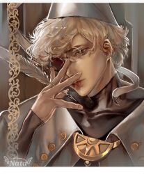  1boy black_shirt capelet covered_collarbone hand_on_own_face hashtag-only_commentary hat highres holding holding_quill letterboxed lm_nata long_sleeves male_focus parted_bangs qifrey_(tongari_boushi_no_atelier) quill round_eyewear shirt solo tongari_boushi_no_atelier white_capelet white_hair white_hat 