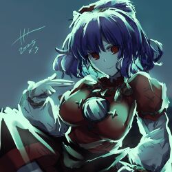  1girl blue_eyes commentary_request dated dress grey_background hair_bun highres looking_at_viewer medium_hair red_dress single_hair_bun solo tateworyyyyyy touhou yasaka_kanako 
