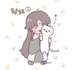  >_< 2boys :3 :d animal animalization black_hanfu blush brown_hair cat cat_day chibi chibi_only chinese_clothes commentary_request dated hanfu happy holding holding_animal holding_cat long_hair luo_binghe male_focus multiple_boys parted_bangs paw_print paw_print_background puttonyos3 renzha_fanpai_zijiu_xitong shen_qingqiu sidelocks smile standing sweatdrop twitter_username very_long_hair white_background white_cat wolf_cut xiao_guan_(headdress) zuiyin 