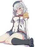  1girl baasaku_(balasaku24) black_socks blue_eyes breasts commentary_request epaulettes gloves grey_hair grey_skirt highres jacket kantai_collection kashima_(kancolle) large_breasts long_sleeves looking_at_viewer military_jacket miniskirt neckerchief pleated_skirt red_neckerchief sidelocks simple_background sitting skirt socks solo twintails wariza wavy_hair white_background white_gloves white_jacket 