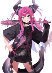  1girl baseball_bat black_shirt blue_eyes chain chain_bracelet choker colored_fingertips commentary_request curled_horns dragon_girl dragon_horns dragon_tail elizabeth_bathory_(fate) elizabeth_bathory_(perfect)_(first_ascension)_(fate) fate/grand_order fate_(series) finger_cots highres horn_piercing horns jewelry long_hair looking_at_viewer nail_(hardware) nail_bat pink_hair pointy_ears purple_horns shirt short_sleeves smile solo spiked_bat tail tokoni_fusu two_side_up 