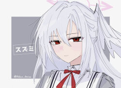  blue_archive blush character_name commentary_request feathered_wings halo highres hukuro_kasiwa looking_at_viewer pink_halo red_eyes red_ribbon ribbon suzumi_(blue_archive) white_hair wings 