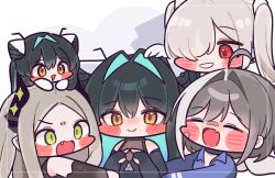  5girls aqua_hair armpit_cutout backless_bodysuit bandaid bandaid_on_face bandaid_on_nose bare_shoulders black_bodysuit black_hair black_horns black_liquid blue_jumpsuit blush blush_stickers bodysuit breasts cinderella_(nikke) clothing_cutout colored_inner_hair commentary doro_(nikke) english_commentary fang forehead goddess_of_victory:_nikke green_eyes grey_hair group_hug hair_intakes hair_over_one_eye halterneck highres horns hug jumpsuit leviathan_(nikke) liquid_clothes little_mermaid_(nikke) long_hair looking_at_viewer mming_(mmingis18) mori_(nikke) multicolored_hair multiple_girls one_eye_covered open_jumpsuit open_mouth pointy_ears red_eyes see-through_cleavage see-through_clothes skin_fang smile twintails very_long_hair white_hair yellow_eyes 