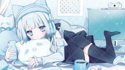  1girl black_skirt black_thighhighs blue_eyes blue_hair blue_hat blue_shirt blunt_bangs blush_stickers cellphone closed_mouth commentary controller cup frilled_sleeves frills full_body game_controller hat highres holding holding_phone long_hair long_sleeves looking_at_viewer lying miniskirt monitor on_side original phone satou_uyu shirt skirt sleeves_past_wrists smartphone solo thigh-highs untranslatable_commentary webcam zettai_ryouiki 