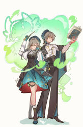  1boy 1girl 2134twone adapted_costume anaxa_(honkai:_star_rail) anaxa_(honkai:_star_rail)_(cosplay) aqua_gloves arm_up artist_name ascot beret black_corset black_dress black_jacket black_pants black_ribbon blonde_hair blue_bow blue_dress blue_hat blue_jacket book boots bow breasts brown_boots brown_shoes caelus_(honkai:_star_rail) closed_mouth colored_inner_hair command_spell commentary_request constellation corset cosplay crystal_earrings dress dual_persona earrings full_body gloves gold_ring greco-roman_clothes grey_hair hair_between_eyes hair_bow hand_up hat hat_ribbon highres holding holding_book holding_wand honkai:_star_rail honkai_(series) jacket jewelry lapels long_hair long_sleeves looking_at_viewer low_ponytail magic mandarin_collar medium_breasts multicolored_hair open_book open_clothes open_jacket pants pinafore_dress ponytail puffy_long_sleeves puffy_sleeves ribbon shirt shoes short_hair short_ponytail sidelocks simple_background single_earring sleeveless sleeveless_dress smile star_(symbol) star_ornament star_print stelle_(honkai:_star_rail) teeth thigh_strap trailblazer_(honkai:_star_rail) two-sided_fabric two-sided_jacket two-tone_dress wand white_ascot white_background white_shirt yellow_eyes 