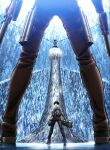  3boys black_hair bound brown_hair dual_wielding duel eren_yeager from_below full_body head_out_of_frame highres holding ice_crystal kenny_(shingeki_no_kyojin) leather levi_(shingeki_no_kyojin) looking_back multiple_boys official_art outstretched_arms pants perspective promotional_art shingeki_no_kyojin spread_arms textless_version 