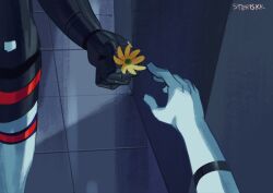  2girls android artist_name eule_(signalis) flower from_above giving giving_flower hand_focus highres holding holding_flower metal_skin multiple_girls out_of_frame signalis signature star_(signalis) steriskk yellow_flower yuri 