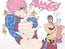  1boy 2girls argyle_clothes argyle_sweater cosplay costume_switch covering_chest covering_privates crop_top eyelashes finger_gun green_eyes guido_mista guido_mista_(cosplay) hat highres jojo_no_kimyou_na_bouken male_focus midriff multiple_girls one_eye_closed pink_hair revealing_clothes sex_pistols_(stand) shaded_face short_hair sos911p spice_girl_(stand) stand_(jojo) sweater trembling trish_una trish_una_(cosplay) vento_aureo 