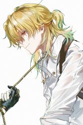  1boy blonde_hair chain closed_mouth collar collared_shirt colored_eyelashes from_side gloves hashtag-only_commentary highres holding holding_chain long_sleeves luuk_herssen_(wuthering_waves) male_focus minglu_(gululu) multicolored_hair partially_fingerless_gloves ponytail red_eyes rover_(wuthering_waves) shirt simple_background sleeve_cuffs smile white_background white_shirt wing_collar wuthering_waves 