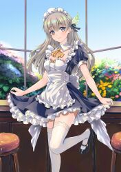  1girl apron black_dress blue_eyes blue_pupils breasts closed_mouth commentary_request dress feather_hair_ornament feathers firefly_(honkai:_star_rail) fred0092 gradient_eyes grey_hair hair_ornament highres honkai:_star_rail honkai_(series) long_hair looking_at_viewer maid maid_apron maid_headdress medium_breasts multicolored_eyes orange_eyes short_sleeves skirt_hold smile solo thigh-highs two-tone_eyes white_thighhighs 