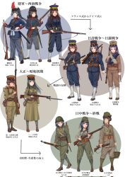  6+girls :d antique_firearm arisaka backpack bag bayonet black_hair blue_eyes blue_jacket blue_pants bolt_action boots brown_eyes brown_hair brown_jacket brown_pants commentary_request firelock flintlock full_body green_jacket green_pants gun hat helmet highres holding holding_gun holding_weapon imperial_japanese_army imperial_japanese_navy jacket long_hair long_sleeves military military_hat military_uniform multiple_girls open_mouth original pants pink_eyes rifle ryuukihei_rentai short_hair smile standing translation_request weapon world_war_i world_war_ii 